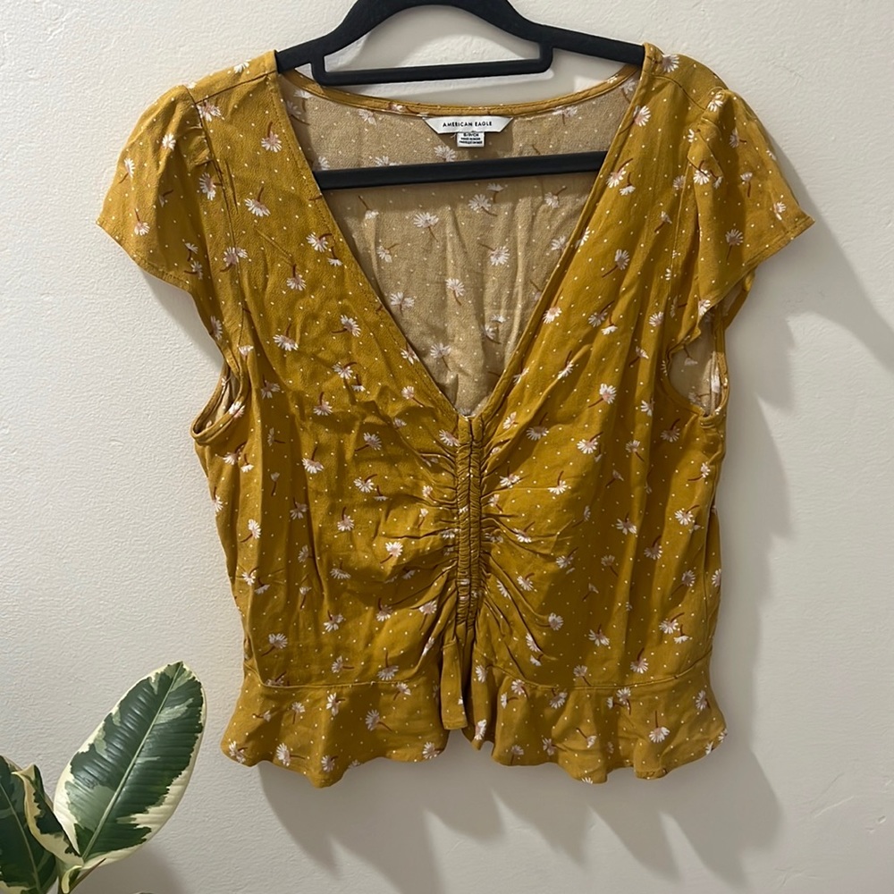 American Eagle gold floral ruffle top